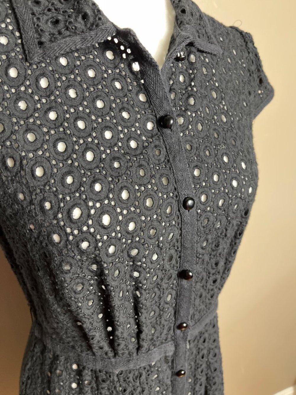 Black Eyelet Shirtdress Midi Button Up Embroider Dark Feminine Whimsigoth Wom 8 - Picture 2 of 11